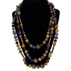 Multistrand Stone Bead Necklace 19” Mixed Gem Metal Accents Statement